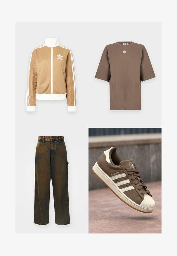 Casaco de fecho éclair em tom de bege com detalhes brancos e três riscas brancas nas mangas. Apresenta um design texturizado na trama de uma das mangas. Logotipo da Adidas no peito.; T-shirt de algodão castanho com mangas curtas, decote redondo e logo branco da Adidas centrado no peitoral, apresentando um design simples e um corte descontraído.; Jeans de perna larga feitos de denim, com uma cor castanha escura desbotada e acentos mais claros, um design clássico de cinco bolsos e um fecho de botão.; Sapatilha de camurça castanha com riscas brancas, detalhes em creme e biqueira de borracha. Apresenta um design com atacadores e sola de borracha texturizada.