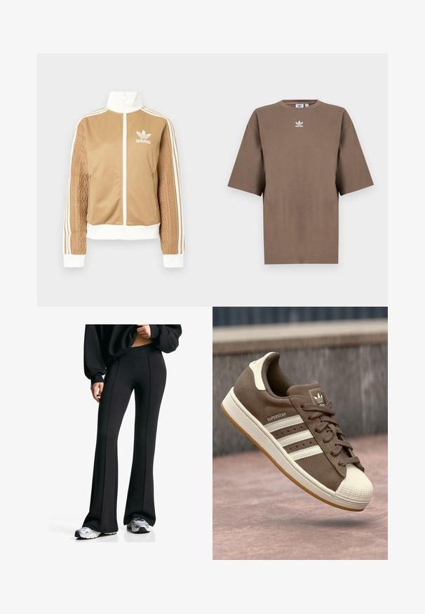 Hnědá zipová bunda s bílými akcenty a třemi bílými pruhy na rukávech. Obsahuje texturovaný tkaný design na jednom rukávu. Logo Adidas na hrudi.; Hnědé bavlněné tričko s krátkým rukávem, kulatým výstřihem a bílým logem Adidas umístěným uprostřed hrudi, s jednoduchým designem a uvolněným střihem.; Černé rozšířené kalhoty s vysokým pasem a bočními švy. Vyrobeny z elastického materiálu, mají hladký povrch. Kombinovány s sportovními botami.; Hnědé semišové tenisky s bílými pruhy, krémovými akcenty a gumovou špičkou. Obsahují šněrovací design a strukturovanou gumovou podrážku.