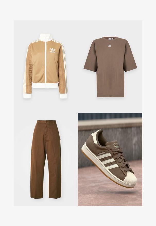 Tā tan krāsa zip-up jakas ar baltajiem akcentiem un trim baltām svītrām uz piedurknēm. Izceļas ar teksturētu aušanas dizainu uz vienas piedurknes. Adidas logo uz krūšu daļas.; Brūna kokvilnas T-krekls īsām piedurknēm, apaļa kakla izgriezums, ar baltu Adidas logo centrā krūtīs, ar vienkāršu dizainu un brīvu piegriezumu.; Brūni, platleği bikses izturīga auduma, ar pogu aizdari un sānu kabatām. Gluda tekstūra un taisnā griezumā.; Brūni zamšādas sporta apavi ar baltām svītrām, krēmkrāsas akcentiem un gumijas purngalu. Piedāvā saistīšanas dizainu un teksturētu gumijas zoli.