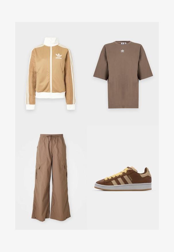 Kraevis sisekavaga jakki valgete aktsentidega ja kolme valge triibuga varrukatel. Ühel varrukal on tekstureeritud kootud muster. Adidas'i logo rinnal.; Pruun puuvillane T-särk lühikeste varrukatega, ümar kaelus ja valge Adidas'i logo keskpunktis rinnal, lihtne disain ja mugav lõige.; Pruunid laiad vabaaja cargo püksid, millel on paelaga vöökoht ja külgmised klapikotid, laia jala disain, esitatud valge tausta taustal.; adidas Originals CAMPUS 00S DOUBLE W - Tossud - preloved brown/sand strata/orange tint