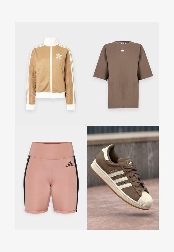 Tan zip-up jack met witte accenten en drie witte strepen op de mouwen. Heeft een gestructureerd geweven ontwerp op één mouw. Adidas-logo op de borst.; Bruine katoenen t-shirt met korte mouwen, ronde hals en wit Adidas-logo gecentreerd op de borst, met een eenvoudige uitstraling en een relaxte pasvorm.; Roze sportshorts met een hoge taille, gemaakt van rekbaar materiaal. Bevat zwarte zijstrepen en het Adidas-logo aan de linkerkant.; Bruine suède sneakers met witte strepen, crème accenten en een rubberen shellneus. Voorzien van een vetersluiting en een textuur van gumzool.