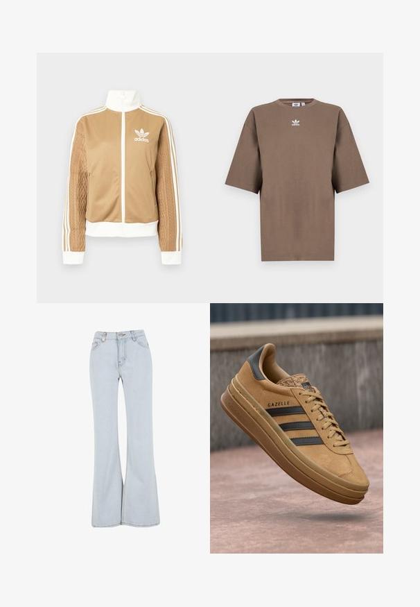 Tamni zip-up jakna s bijelim naglascima i tri bijele pruge na rukavima. Ima teksturirani tkaninski uzorak na jednom rukavu. Adidas logo na prsima.; Smeđa pamuk majica s kratkim rukavima, okruglim izrezom i bijelim Adidas logotipom centriranim na prsima, s jednostavnim dizajnom i opuštenim krojem.; Svijetloplave traperice s nešto širom nogavicom, visokog struka, sa pet džepova i kontrastnim šavovima.; Smeđe nubuk tenisice s glatkom teksturom, s tri tamne pruge, zaobljenim vrhom i debljom potplatom s uzorkom na rubu.