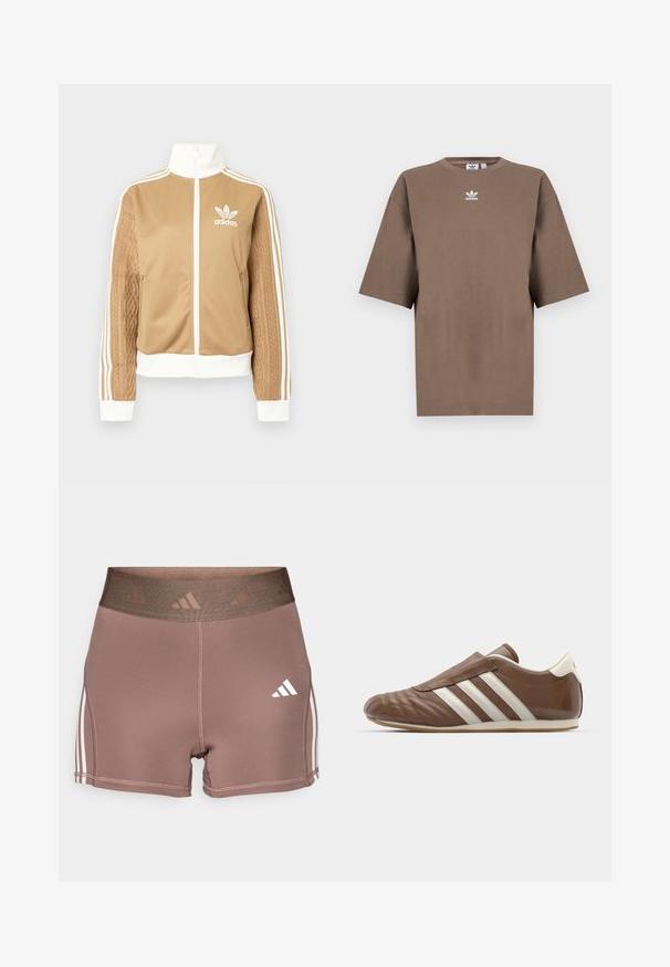 Giacca a zip tan con accenti bianchi e tre strisce bianche sulle maniche. Presenta un design tessuto testo su una manica. Logo Adidas sul petto.; T-shirt in cotone marrone con maniche corte, collo tondo e logo Adidas bianco centrato sul petto, caratterizzato da un design semplice e una vestibilità comoda.; Pantaloni corti atletici marroni con un ampio elastico testurizzato in vita. Presentano strisce bianche lungo i lati e un piccolo logo bianco.; adidas Originals TAEKWONDO - Scarpe senza lacci - preloved brown/off white
