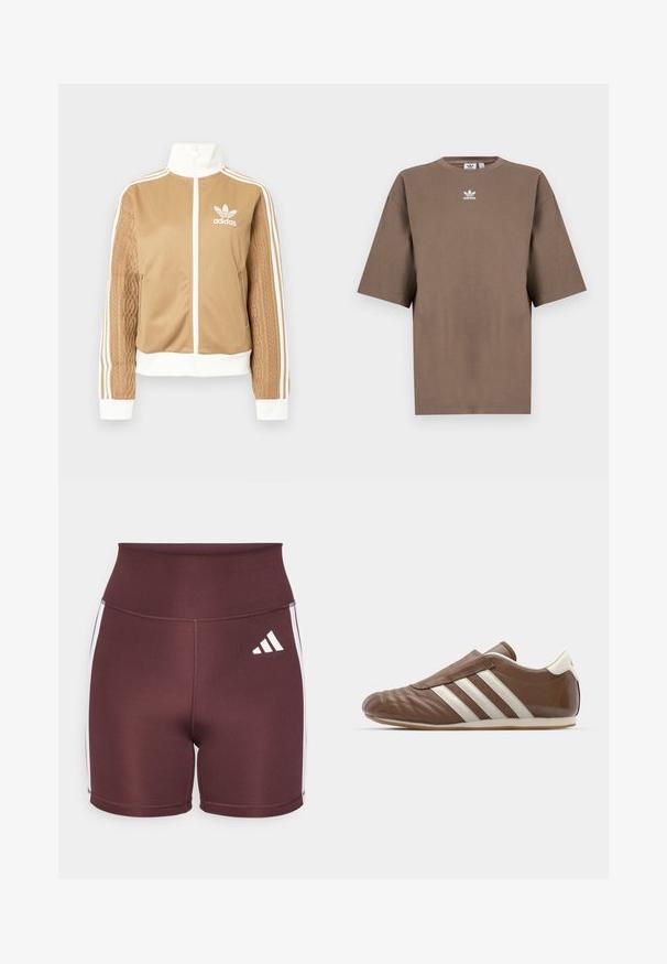 Tan zip-up jacka med vita accenter och tre vita ränder på ärmarna. Har en texturerad vävd design på en ärm. Adidas-logotyp på bröstet.; Brun bomull t-shirt med kort ärm, rund halsringning och vit Adidas-logotyp centrerad på bröstet, med en enkel design och avslappnad passform.; Bordeauxfärgade högmidjade shorts i elastiskt material, med vita sidostreck och Adidas-logotypen i vitt på framsidan.; adidas Originals TAEKWONDO - Slip-ins - preloved brown/off white