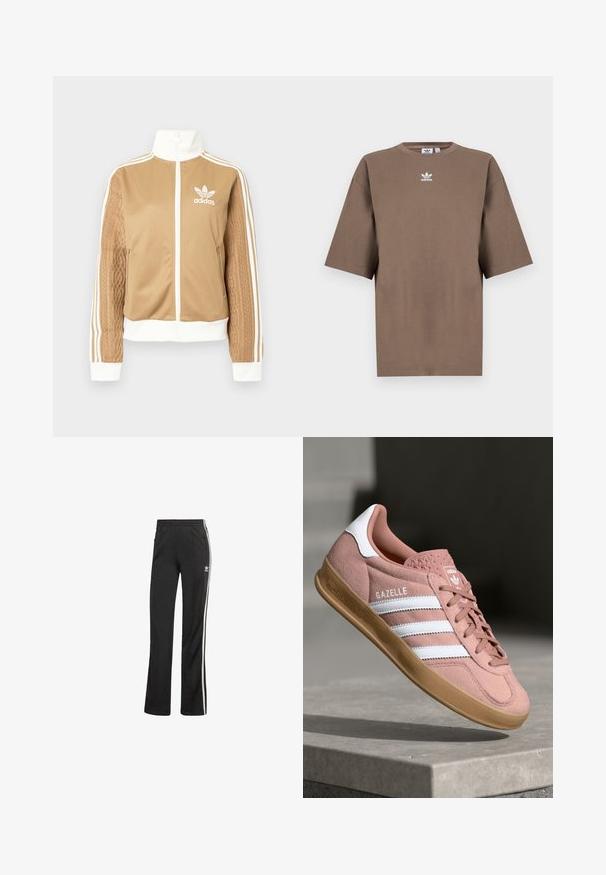 Ruda zip-up striukė su baltais akcentais ir trimis baltais dryžiais ant rankovių. Vienoje rankovėje yra tekstūruotas audinys. Adidas logotipas ant krūtinės.; Ruda medvilninė marškinėliai su trumpomis rankovėmis, apvaliu kaklu ir baltu Adidas logotipu, esančiu viduryje krūtinės, pasižymintys paprastu dizainu ir laisvu sijonu.; Juodos sportinės kelnės su laisvu kirpimu, su baltomis šoninėmis juostomis ir elastinga juosmena. Pridedama maža logotipo detalė šone.; Rožiniai zomšiniai sportbačiai su baltais dryžiais, guminėmis apatine dalimi, tekstūruotu viršumi ir logotipu ant liežuvėlio. Klasikinis žemas dizainas.