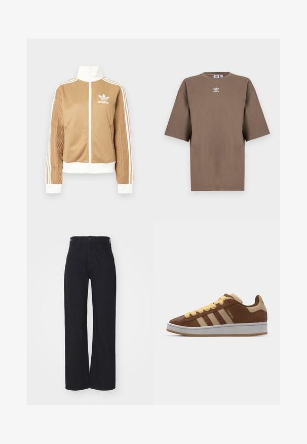 Barna, cipzáras dzseki fehér díszítésekkel és három fehér csíkkal a hajtókákon. Az egyik hajtókán texturált szövet mintázat található. Az Adidas logo a mellkason.; Barna pamut póló rövid ujjakkal, kerek nyakkal és fehér Adidas logóval a mellkason, egyszerű dizájnnal és laza szabással.; Fekete, magas derekú, bő szárú farmernadrág elülső gombos és zippes záródással, övhurkokkal és két elülső zsebbel fehér háttér előtt.; adidas Originals CAMPUS 00S DOUBLE - Sportcipő - preloved brown/sand strata/orange tint
