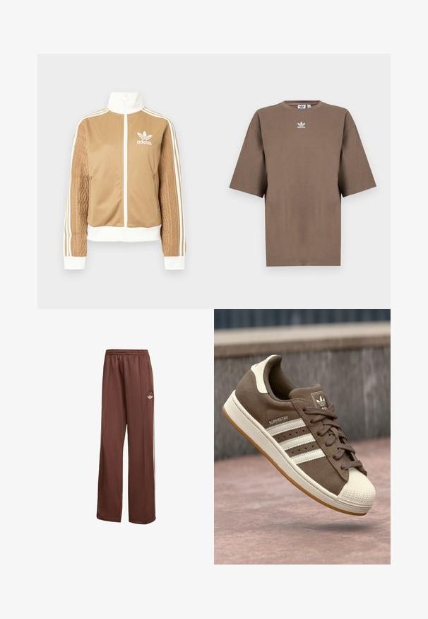 Barna, cipzáras dzseki fehér díszítésekkel és három fehér csíkkal a hajtókákon. Az egyik hajtókán texturált szövet mintázat található. Az Adidas logo a mellkason.; Barna pamut póló rövid ujjakkal, kerek nyakkal és fehér Adidas logóval a mellkason, egyszerű dizájnnal és laza szabással.; Barna, kényelmes fit kesztyű sportnadrág. Simított anyagból készült, oldalsó zsebekkel, fehér csíkokkal és egy kis fehér logóval a combján.; Barna velúr sportcipő fehér csíkokkal, krém színű kiegészítőkkel és gumis orral. Csipkés kialakítással és texturált gumi talppal rendelkezik.