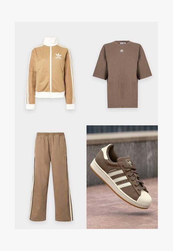 Tā tan krāsa zip-up jakas ar baltajiem akcentiem un trim baltām svītrām uz piedurknēm. Izceļas ar teksturētu aušanas dizainu uz vienas piedurknes. Adidas logo uz krūšu daļas.; Brūna kokvilnas T-krekls īsām piedurknēm, apaļa kakla izgriezums, ar baltu Adidas logo centrā krūtīs, ar vienkāršu dizainu un brīvu piegriezumu.; Brūnas vaļīgas bikses ar elastīgu vidukļa jostu, bēšām un melnām sānu svītrām un nelielu "obey" logotipu augšstilbā.; Brūni zamšādas sporta apavi ar baltām svītrām, krēmkrāsas akcentiem un gumijas purngalu. Piedāvā saistīšanas dizainu un teksturētu gumijas zoli.