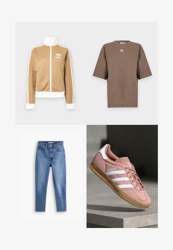 Tā tan krāsa zip-up jakas ar baltajiem akcentiem un trim baltām svītrām uz piedurknēm. Izceļas ar teksturētu aušanas dizainu uz vienas piedurknes. Adidas logo uz krūšu daļas.; Brūna kokvilnas T-krekls īsām piedurknēm, apaļa kakla izgriezums, ar baltu Adidas logo centrā krūtīs, ar vienkāršu dizainu un brīvu piegriezumu.; Zilas sieviešu bikses ar augstu jostasvietu, priekšējā pogas un rāvējslēdzēja aizdare, jostu cilpas un piecu kabatu dizains, uz baltas fona.; Rozā zamša sporta apavi ar baltām svītrām, gumijas zole, teksturēts augšdaļas materiāls un logo uz mēles. Klasisks zema profila dizains.