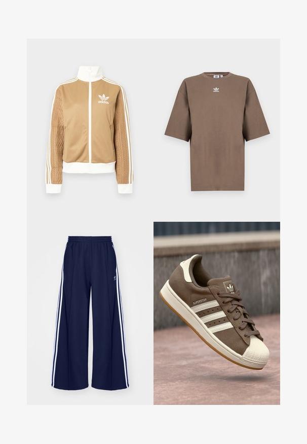 Tamni zip-up jakna s bijelim naglascima i tri bijele pruge na rukavima. Ima teksturirani tkaninski uzorak na jednom rukavu. Adidas logo na prsima.; Smeđa pamuk majica s kratkim rukavima, okruglim izrezom i bijelim Adidas logotipom centriranim na prsima, s jednostavnim dizajnom i opuštenim krojem.; adidas Originals PANT - Donji dijelovi trenirke - night indigo; Smeđi suedetenisice s bijelim prugama, kremastim naglascima i gumenkatom nosu. Imaju vezano dizajn i teksturiranu gumu.