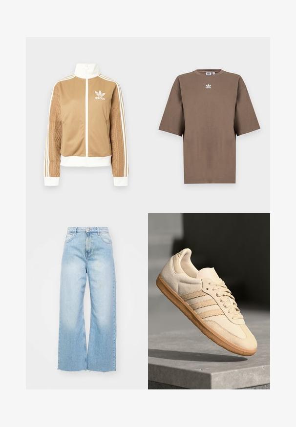 Tan zip-up takki, jossa on valkoisia yksityiskohtia ja kolme valkoista raitaa hihoissa. Yhdellä hihalla on texturoitu kudontasuunnittelu. Adidas-logo rinnassa.; Ruskea puuvillapaita lyhyillä hihoilla, pyöreällä kauluksella ja valkoisella Adidas-logolla, joka on keskitetty rintaan. Paidassa on yksinkertainen muotoilu ja rento istuvuus.; Vaaleansiniset leveälahkeiset farkut, joissa on korkeavyötärö, haalistuneet yksityiskohdat, nappikiinnitys ja raidan reunat alaosassa.; Vaalea beige mokkanahkakenkä, jossa on kumipohja, kolme vinoraitaa ja struktuuroitu varvaskappale. Varustettu logolla kielellä ja sivussa.