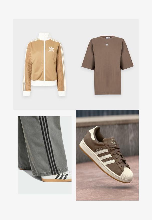 Chaqueta con cremallera en tono marrón y acentos en blanco, con tres rayas blancas en las mangas. Presenta un diseño texturizado tejido en una de las mangas. Logo de Adidas en el pecho.; Camiseta de algodón marrón con mangas cortas, cuello redondo y logo blanco de Adidas centrado en el pecho, con un diseño liso y un ajuste relajado.; Pantalones de mezclilla de pierna ancha en gris con rayas negras en los lados. Una zapatilla blanca con rayas negras y una suela de goma es parcialmente visible.; Zapatillas de ante marrón con rayas blancas, detalles en color crema y punta de goma. Cuenta con un diseño de cordones y suela de goma texturizada.