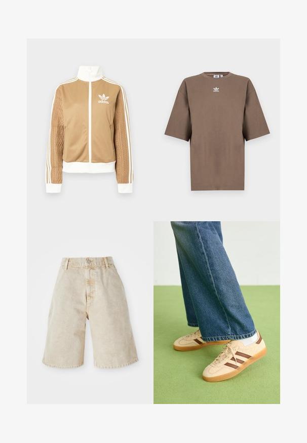 Kraevis sisekavaga jakki valgete aktsentidega ja kolme valge triibuga varrukatel. Ühel varrukal on tekstureeritud kootud muster. Adidas'i logo rinnal.; Pruun puuvillane T-särk lühikeste varrukatega, ümar kaelus ja valge Adidas'i logo keskpunktis rinnal, lihtne disain ja mugav lõige.; Beezhivärvi denim lühikesed püksid kõrge vöökoha, nööbisegmendi ja ees olevate taskutega. Omab juhuslikku, lõdvakat istuvust ja veidi kulunud serva.; Beežid spordijalatsid tekstuursete kreemjatest paneelidest ja pruunidest triipudest, koos siniste denim pükstega. Püksid on avara säärega ja narmendava äärega.