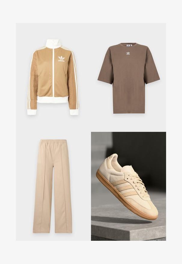 Casaco de fecho éclair em tom de bege com detalhes brancos e três riscas brancas nas mangas. Apresenta um design texturizado na trama de uma das mangas. Logotipo da Adidas no peito.; T-shirt de algodão castanho com mangas curtas, decote redondo e logo branco da Adidas centrado no peitoral, apresentando um design simples e um corte descontraído.; Calças largas bege com uma cintura elástica, apresentando duas linhas de pregas verticais, tecido suave e um design simples.; Sapatilha de camurça bege clara com sola de borracha, três riscas diagonais e uma biqueira texturizada. Apresenta o logótipo na língua e na lateral.