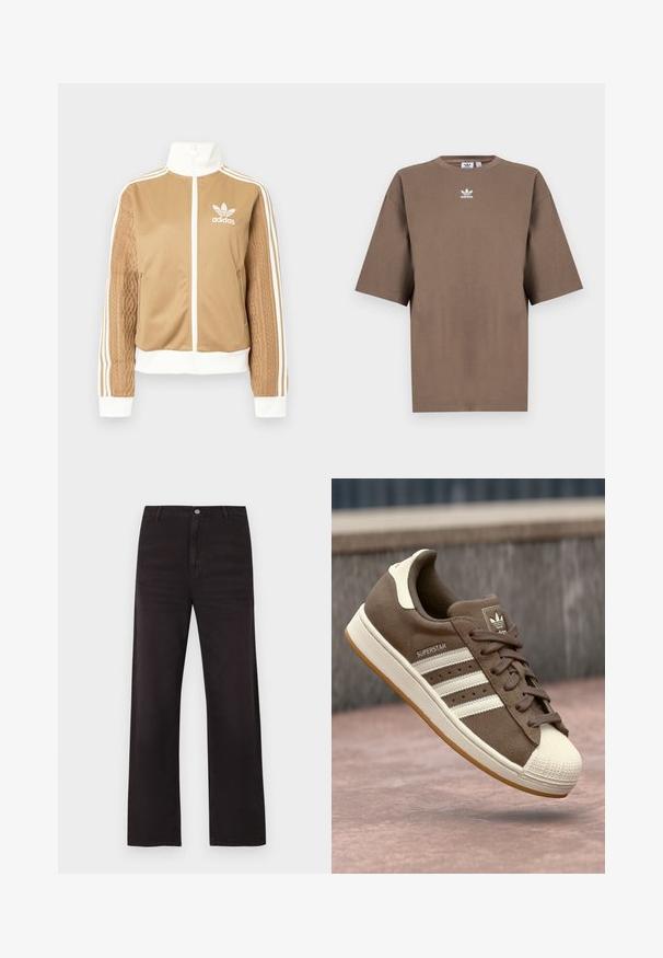 Tan zip-up jacka med vita accenter och tre vita ränder på ärmarna. Har en texturerad vävd design på en ärm. Adidas-logotyp på bröstet.; Brun bomull t-shirt med kort ärm, rund halsringning och vit Adidas-logotyp centrerad på bröstet, med en enkel design och avslappnad passform.; Svarta jeans med raka ben, bältesöglor, knappstängning och synliga sömmar, visade mot en vit bakgrund.; Bruna mockasiner i mocka med vita ränder, krämfärgade detaljer och en gummitå. Har snörning och en texturerad gummisula.