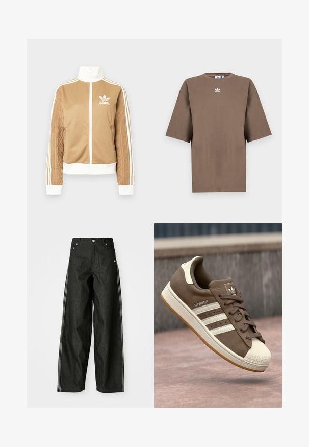 Zipper športna bunda v rjavi barvi z belimi dodatki in tremi belimi črtami na rokavih. Ima strukturiran tkaninski vzorec na enem rokavu. Adidasov logotip na prsih.; Brahna bomba majica s kratkimi rokavi, okroglo ovratnikom in belim Adidasovim logotipom v sredini prsnega dela, z enostavnim dizajnom in sproščenim krojem.; Črne denim široke hlače s belimi stranskimi črtami, ki imajo sprednje žepe, gumbasto zapiranje in diskreten logotip blizu pasu.; Svetlo rjave semiš teniske z belimi črtami, kremnimi dodatki in gumijastim zaščitnim toe-delom. Imajo vezanje in teksturiran gumijast podplat.