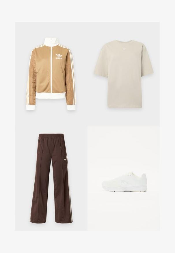 Barna, cipzáras dzseki fehér díszítésekkel és három fehér csíkkal a hajtókákon. Az egyik hajtókán texturált szövet mintázat található. Az Adidas logo a mellkason.; Beige rövid ujjú pamut póló, kerek nyakkivágással és a mellrészen kis fehér Adidas logóval. Puha tapintású, laza szabású.; Barna sportnadrág széles szárú kialakítással, fehér oldalsávokkal, rugalmas derékpánttal és két oldalzsebbel. Kis logó található a lábon.; Fehér sportcipő hálós felsőrészsel, fűzős kialakítással, lekerekített orral és minimalista márkázású, texturált gumitalppal.