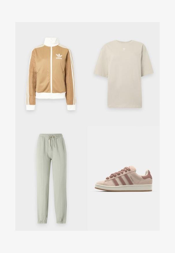 Brun zip-up jakke med hvite detaljer og tre hvite striper på ermene. Har et teksturert vevd design på den ene ermen. Adidas-logo på brystet.; Beige kortermet T-skjorte laget av bomull, med rund hals og liten hvit Adidas-logo trykt på brystet. Myk tekstur, ledig passform.; Lys grønne joggebukser med elastisk liv, justerbar snor og avsmalnende mansjetter. Har vertikale sømdetaljer langs fronten.; Rosa semskede sneakers med tre mørkere rosa striper, runde snørebånd og en hvit mellomsole. Designet med en polstret krage for komfort.