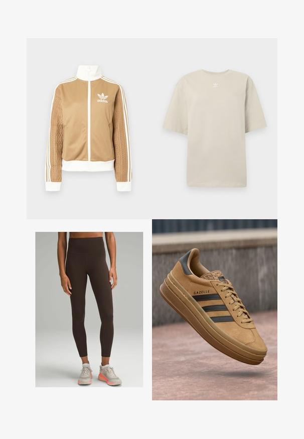 Tan-zip-Jacke mit weißen Akzenten und drei weißen Streifen an den Ärmeln. Besitzt ein strukturiertes Gewebedesign an einem Ärmel. Adidas-Logo auf der Brust.; Beige kurzärmeliges T-Shirt aus Baumwolle mit Rundhalsausschnitt und kleinem weißen Adidas-Logo auf der Brust. Weiche Textur, lässige Passform.; lululemon WUNDER TRAIN HIGH-RISE 64CM - Tights - espresso; Beige Wildledersneaker mit glatter Oberfläche, drei dunklen Streifen, abgerundetem Zehenbereich und einer dickeren Sohle mit strukturiertem Rand.