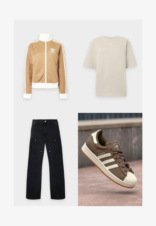 Tan zip-up jacket with white accents and three white stripes on sleeves. Features textured woven design on one sleeve. Adidas logo on chest.; Beige short-sleeve t-shirt made of cotton, featuring a round neck and small white Adidas logo printed on the chest. Soft texture, relaxed fit.; Black denim wide-leg pants featuring a button closure, multiple pockets, and curved seam details on the front and sides.; Brown suede sneaker with white stripes, cream accents, and a rubber shell toe. Features lace-up design and textured gum sole.