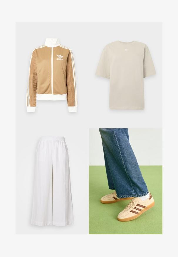 Tan-zip-Jacke mit weißen Akzenten und drei weißen Streifen an den Ärmeln. Besitzt ein strukturiertes Gewebedesign an einem Ärmel. Adidas-Logo auf der Brust.; Beige kurzärmeliges T-Shirt aus Baumwolle mit Rundhalsausschnitt und kleinem weißen Adidas-Logo auf der Brust. Weiche Textur, lässige Passform.; Weisse Leinen-Hosen mit weitem Bein und elastischem Bund, ausgestattet mit zwei Vorderaschen und einem leichten, strukturierten Stoff.; Beige Sneakers mit strukturierten cremefarbenen Paneelen und braunen Streifen, kombiniert mit blauen Jeans. Die Jeans haben einen weiten Beinschnitt und einen fransigen Saum.
