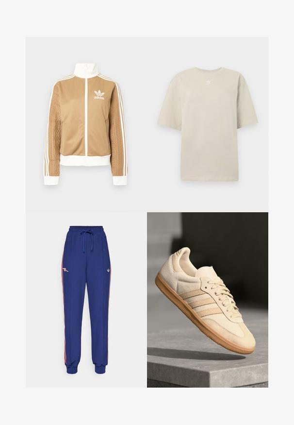 Brun zip-up jakke med hvite detaljer og tre hvite striper på ermene. Har et teksturert vevd design på den ene ermen. Adidas-logo på brystet.; Beige kortermet T-skjorte laget av bomull, med rund hals og liten hvit Adidas-logo trykt på brystet. Myk tekstur, ledig passform.; Blå joggebukser med røde sidestriper, elastisk midje med snor, ribbede mansjetter, med broderte logoer på sidene.; Lys beige suedette sneakers med gummisåle, tre diagonale striper og en teksturert tåhette. Har logo på tungen og siden.