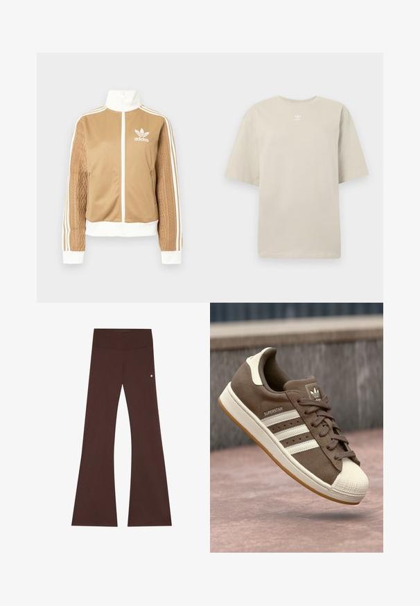 Tā tan krāsa zip-up jakas ar baltajiem akcentiem un trim baltām svītrām uz piedurknēm. Izceļas ar teksturētu aušanas dizainu uz vienas piedurknes. Adidas logo uz krūšu daļas.; Bēša īsroku kokvilnas T-krekls ar apaļu kaklu un mazu baltu Adidas logotipu uzdrukātu uz krūtīm. Mīksta tekstūra, brīvs piegriezums.; Brūni plati bikses no mīksta auduma, ar plašu jostu, gludu tekstūru un nelielu logotipa akcentu sānos.; Brūni zamšādas sporta apavi ar baltām svītrām, krēmkrāsas akcentiem un gumijas purngalu. Piedāvā saistīšanas dizainu un teksturētu gumijas zoli.