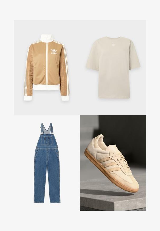 Barna, cipzáras dzseki fehér díszítésekkel és három fehér csíkkal a hajtókákon. Az egyik hajtókán texturált szövet mintázat található. Az Adidas logo a mellkason.; Beige rövid ujjú pamut póló, kerek nyakkivágással és a mellrészen kis fehér Adidas logóval. Puha tapintású, laza szabású.; Farmer overál állítható pántokkal, V-alakú mellig érő résszel, elülső zsebbel és oldalsó zsebekkel. Klasszikus kék szín és kontrasztöltésekkel rendelkezik.; Világos bézs velúr sportcipő, gumitalppal, három átlós csíkkal és texturált orral. A díszítés a nyelven és az oldalon található.