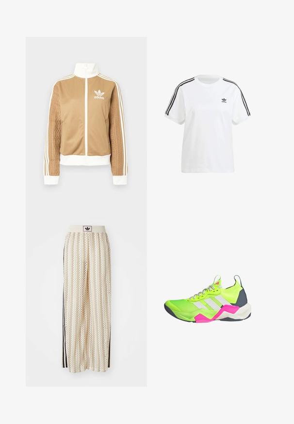 Casaco de fecho éclair em tom de bege com detalhes brancos e três riscas brancas nas mangas. Apresenta um design texturizado na trama de uma das mangas. Logotipo da Adidas no peito.; T-shirt de algodão branca com mangas curtas, gola redonda e riscas verticais pretas nos ombros, com um pequeno logótipo preto no peito.; Calças largas de cor creme com um padrão em zigzag, apresentando uma cintura com logotipo preto e riscas laterais pretas. Tecido leve e texturizado.; Sapatilha desportiva verde néon com detalhes cinza, três riscas brancas e pormenores em rosa. Apresenta um upper texturizado e uma sola almofadada.