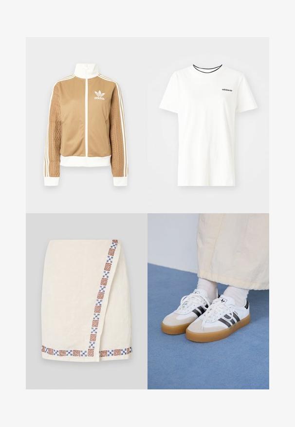 Brązowa kurtka zapinana na zamek błyskawiczny z białymi akcentami i trzema białymi paskami na rękawach. Posiada teksturowany wpleciony wzór na jednym z rękawów. Logo Adidas na klatce piersiowej.; Biała bawełniana koszulka z krótkim rękawem i okrągłym dekoltem. Ma czarne logo Adidas na piersi oraz kontrastowy czarny wewnętrzny kołnierzyk.; Jasnokremowa spódnica zakładana z fakturowanej tkaniny, z wzorzystym brzegiem w brązowe i niebieskie kształty geometryczne wzdłuż jednej strony.; Białe sneakersy z czarnymi paskami i beżowymi zamszowymi akcentami. Posiadają teksturowaną gumową podeszwę i płaskie białe sznurowadła, noszone z jasnymi skarpetami.
