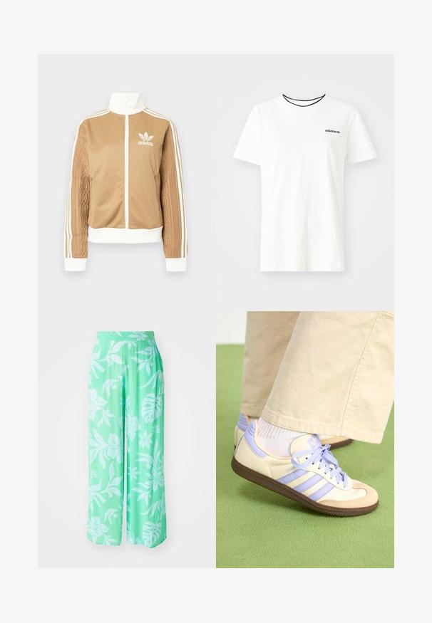 Kraevis sisekavaga jakki valgete aktsentidega ja kolme valge triibuga varrukatel. Ühel varrukal on tekstureeritud kootud muster. Adidas'i logo rinnal.; Valge puuvillasest t-särgist lühikeste varrukatega ja ümarate kaelustega. Rinnal on must Adidas'i logo ning kontrastne must sisekaelus.; Heledad rohelised laiad püksid valge lillemustriga. Valmistatud tekstuursest kangast, elastse vöökoha ja vabalt langeva lõikega.; Kreemi ja lavendlivärvi tenniset, millel on kolm triipu ja tekstuuriga pruun tall, varustatud paelte ja pehmendatud kontsaga. Pehme kangast ülemine osa.