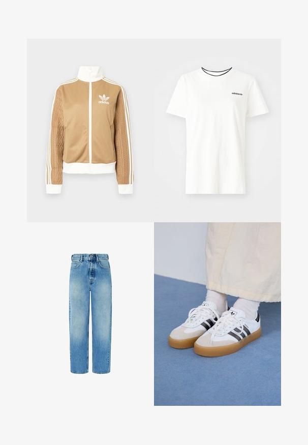 Zipper športna bunda v rjavi barvi z belimi dodatki in tremi belimi črtami na rokavih. Ima strukturiran tkaninski vzorec na enem rokavu. Adidasov logotip na prsih.; Bela bomba majica iz bombaža s kratkimi rokavi in okroglim izrezom. Ima črni Adidas logotip na prsih ter kontrastni črni notranji ovratnik.; Svjetloplave traperice sa ravnim nogavicama, visokim strukom, prednjim džepovima i zatvaranjem na dugme. Imaju blago izbjeljivanje i bez ukrasa.; Bele tene škornje s črnimi črtami in bež usnjenimi detajli. Imajo teksturirano gumijasto podplat in ravne bele vezalke, nosijo se z svetlimi nogavicami.