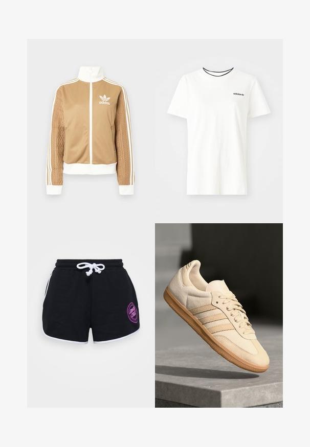 Zipper športna bunda v rjavi barvi z belimi dodatki in tremi belimi črtami na rokavih. Ima strukturiran tkaninski vzorec na enem rokavu. Adidasov logotip na prsih.; Bela bomba majica iz bombaža s kratkimi rokavi in okroglim izrezom. Ima črni Adidas logotip na prsih ter kontrastni črni notranji ovratnik.; Črne kratke hlače iz bombaža, z belim vezanjem, belim obrobljanjem in purpurnim krožnim logotipom na sprednji desni strani.; Svetlo bež semišni športni copat z gumijastim podplatom, trije poševni trakovi in teksturiran zaščitni del. Vsebuje logotip na ježku in strani.