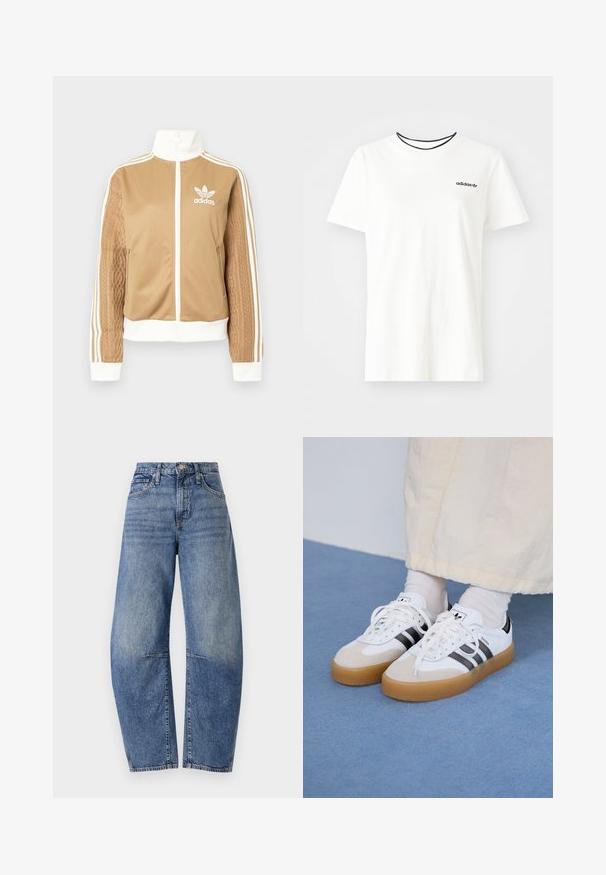 Ruda zip-up striukė su baltais akcentais ir trimis baltais dryžiais ant rankovių. Vienoje rankovėje yra tekstūruotas audinys. Adidas logotipas ant krūtinės.; Balta medvilnė marškinėliai su trumpomis rankovėmis ir apvalia iškirpte. Ant krūtinės yra juodas Adidas logotipas, o vidinė apykaklė yra kontrastinga juoda.; Aukštai juosmens mėlyni džinsai, laisvo kirpimo, su klasikinio penkių kišenių dizainu ir matomomis siūlėmis.; Baltos sportbačiai su noir juostomis ir šviesiai rudos zomšos akcentais. Yra tekstūruota gumos padas ir plokščiomis baltomis raištelėmis, dėvimi su šviesiai spalvotomis kojinėmis.