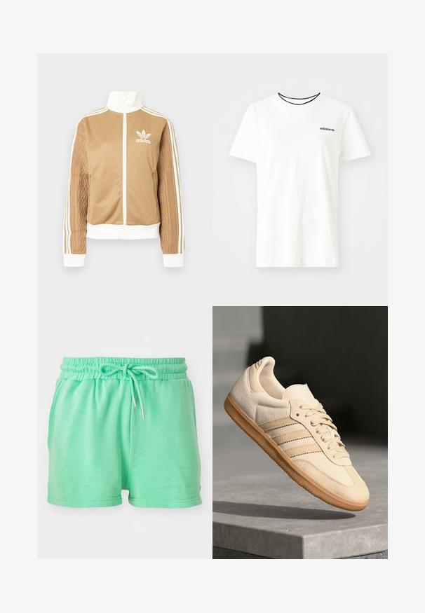 Tan zip-up jack met witte accenten en drie witte strepen op de mouwen. Heeft een gestructureerd geweven ontwerp op één mouw. Adidas-logo op de borst.; Witte katoenen t-shirt met korte mouwen en een ronde halslijn. Heeft een zwart Adidas-logo op de borst en een contrasterende zwarte binnenkraag.; Muntgroene shorts van zacht materiaal, met een elastische tailleband met verstelbaar trekkoord en zijzakken.; Lichtbeige suède sneaker met een gumrubberen buitenzool, drie diagonale strepen en een textuur op de neus. Voorzien van een logo op de tong en de zijkant.