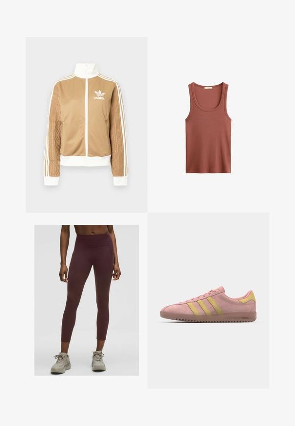 Tamni zip-up jakna s bijelim naglascima i tri bijele pruge na rukavima. Ima teksturirani tkaninski uzorak na jednom rukavu. Adidas logo na prsima.; Rebrasta majica bez rukava u terrakota boji, s okruglim izrezom i širokim otvorima za ruke, izrađena od mekog, laganog materijala.; Bordo tajice visoki struk izrađene od rastezljivog materijala, sa bočnim džepovima i prilagođenim dizajnom koji se proteže do gležnjeva.; Roza ante sneaker s tri žute pruge, okrugli nos i teksturirana guma potplat. Nizak profil s jastučićem oko gležnja.