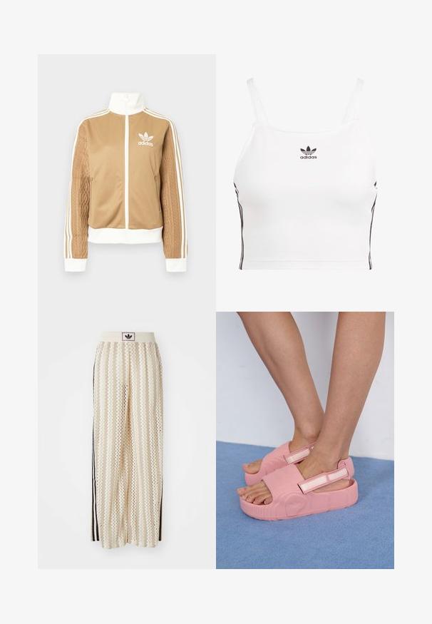 Hnedá mikina na zips s bielymi akcentmi a tromi bielymi pruhmi na rukávoch. Obsahuje textúrovaný tkaný vzor na jednom rukáve. Logo Adidas na hrudi.; Biele skrátené tielko s tenkými ramienkami, čierne logo Adidas na hrudi a čierne bočné pruhy. Vyrobené z elastickej, hladkej tkaniny.; Béžové nohavice s širokými nohavicami a zigzagovými vzormi, s čiernym logom na páse a bočnými čiernymi pruhmi. Ľahká, textúrovaná látka.; Ružové gumené šlapky s textúrovaným vrchom, nastaviteľným remienkom a hrubou podrážkou, zdobené vlnkovými vzormi a logom značky na boku.