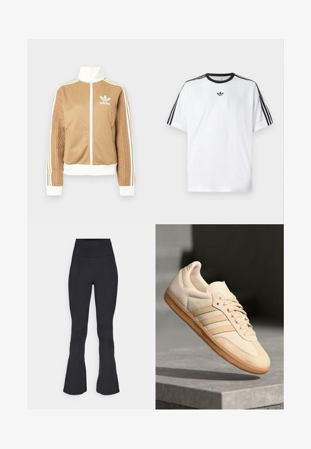 Tan zip-up jacket with white accents and three white stripes on sleeves. Features textured woven design on one sleeve. Adidas logo on chest.; White T-shirt made of cotton, featuring a black round neckline and three black stripes on each shoulder. Small black logo on the chest.; Black flared leggings made from stretchy fabric, featuring a high waist, smooth texture, and subtle stitching details.; Light beige suede sneaker with gum outsole, three diagonal stripes, and a textured toe cap. Features logo on the tongue and side.