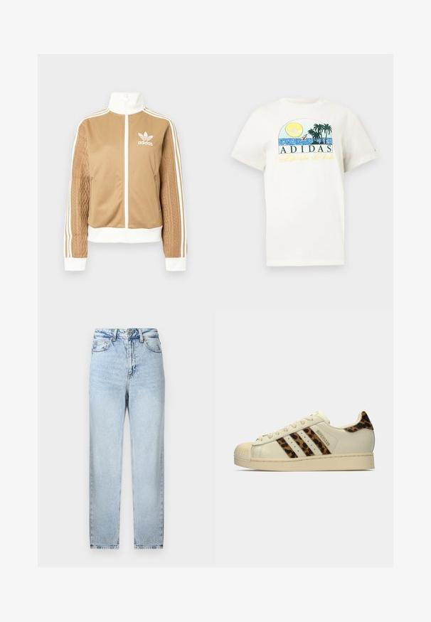 Brun zip-up jakke med hvite detaljer og tre hvite striper på ermene. Har et teksturert vevd design på den ene ermen. Adidas-logo på brystet.; Hvit bomulls t-skjorte med grafisk design som viser en sol, palmer og vann. "ADIDAS Sports Club" trykket i grønt og gult.; Lyseblå denimjeans med rett kutt, med glidelås og knapp, fem lommer, og lett slitasje foran og bak.; Off-white Adidas Superstar sneakers med leopardmønster striper og hælreim, beige gummikappe og "SUPERSTAR" tekst på siden.