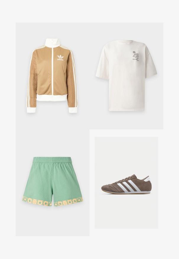 Ruda zip-up striukė su baltais akcentais ir trimis baltais dryžiais ant rankovių. Vienoje rankovėje yra tekstūruotas audinys. Adidas logotipas ant krūtinės.; Kreminės spalvos medvilnės marškinėliai su trumpomis rankovėmis, su grafika, vaizduojančia bangą ir saulę, ir užrašu "BILLABONG" priekyje.; Šviesiai žali šortai su elastinga juostele ir geltonu gėlių raštu palei kraštą. Minkšta, lengva medžiaga su laisvu siluetu.; Rudos zomšo sportiniai batai su baltais dryžiais, apvaliu nosiu, raištelių dizainu ir guminėmis padangomis. Tekstūruotas viršus su siuvinėjimo detalėmis.