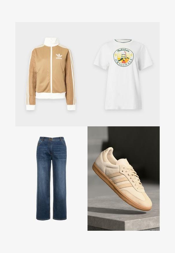 Hnědá zipová bunda s bílými akcenty a třemi bílými pruhy na rukávech. Obsahuje texturovaný tkaný design na jednom rukávu. Logo Adidas na hrudi.; Bílý bavlněný tričko s krátkým rukávem, se zaobleným grafickým logem v zelené a žluté barvě, které zobrazuje "Adidas Originals" a designy ovoce.; Tmavě modré denimové džíny se střihem rovného nohavice, předními kapsami, zapínáním na zip a viditelným kontrastním prošíváním.; Světlé béžové semišové tenisky s gumovou podrážkou, třemi diagonálními pruhy a texturovanou špičkou. Na jazyku a boku se nachází logo.