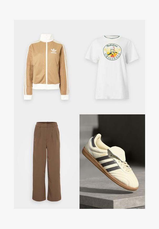 Tan zip-up takki, jossa on valkoisia yksityiskohtia ja kolme valkoista raitaa hihoissa. Yhdellä hihalla on texturoitu kudontasuunnittelu. Adidas-logo rinnassa.; Valkoinen puuvillapaita lyhyillä hihoilla, jossa on pyöreä graafinen logo vihreällä ja keltaisella, näyttäen "Adidas Originals" ja hedelmäsuunnitteluita.; Ruske leve bukser med plisseringer, elastisk talje og en glat tekstur. Har et klassisk design, der passer til forskellige outfits.; Kreemivärvi nahast tennisekad, millel on kolm tumedat triipu, pruun kummist tald ja ümar varvas. Omab volditavat keelt, millel on silt "SAMBA."