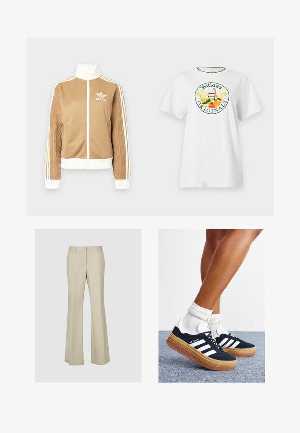 Tan zip-up jack met witte accenten en drie witte strepen op de mouwen. Heeft een gestructureerd geweven ontwerp op één mouw. Adidas-logo op de borst.; Witte katoenen T-shirt met korte mouwen, met een ronde grafische logo in groen en geel, waarop "Adidas Originals" en fruitontwerpen zijn afgebeeld.; Beige flared broek in een gladde stof, met een middelhoge taille, naaddetails en zonder zichtbare hardware of patronen.; Zwarte suède sneakers met witte strepen en accenten, ronde neus, gum rubberen buitenzool, gecombineerd met witte geribbelde crewkousen.