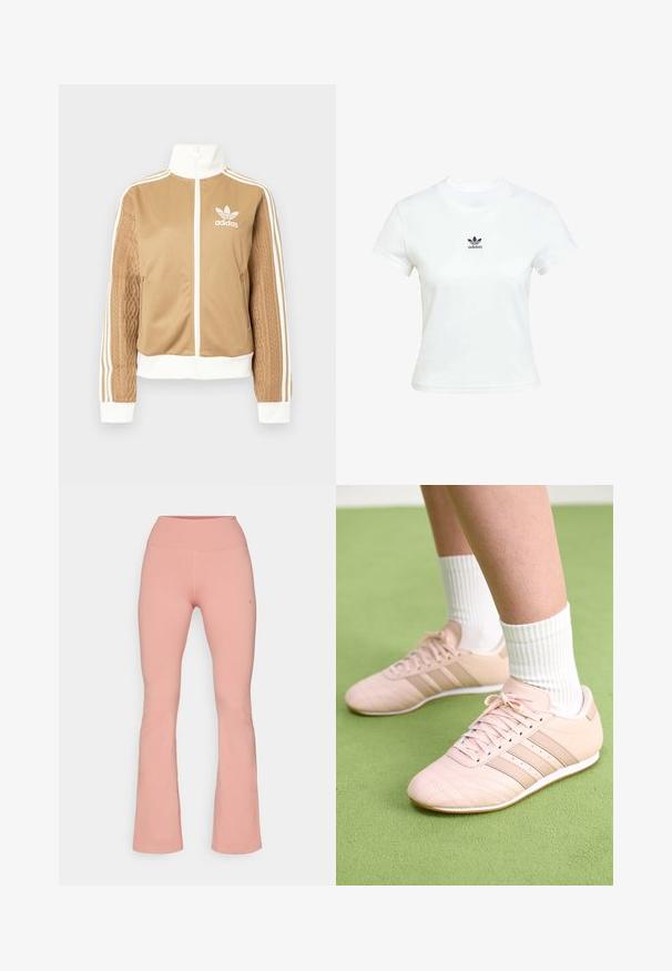 Tan zip-up jacket with white accents and three white stripes on sleeves. Features textured woven design on one sleeve. Adidas logo on chest.; White cotton t-shirt with short sleeves and a crew neckline. Features a black Adidas logo printed on the chest. Simple, minimal design.; Flared exercise pants in soft pink fabric, featuring a high waistband and smooth texture, with minimal stitching and logo detail on the side.; Light pink athletic shoes with diagonal stitching, white soles, and three lateral stripes. Worn with ribbed white socks on green surface.