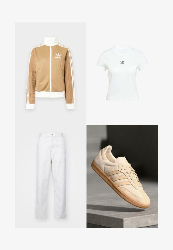 Tan zip-up jacket with white accents and three white stripes on sleeves. Features textured woven design on one sleeve. Adidas logo on chest.; White cotton t-shirt with short sleeves and a crew neckline. Features a black Adidas logo printed on the chest. Simple, minimal design.; White cotton trousers with a straight fit, featuring a front button closure, belt loops, and side pockets. Smooth texture, no patterns.; Light beige suede sneaker with gum outsole, three diagonal stripes, and a textured toe cap. Features logo on the tongue and side.