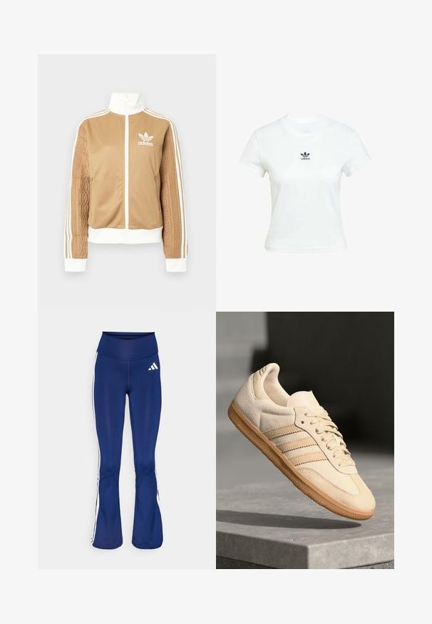 Tan zip-up jacket with white accents and three white stripes on sleeves. Features textured woven design on one sleeve. Adidas logo on chest.; White cotton t-shirt with short sleeves and a crew neckline. Features a black Adidas logo printed on the chest. Simple, minimal design.; Navy flared leggings made of stretchy fabric, featuring white side stripes and an Adidas logo on the left hip. Smooth texture, high waist.; Light beige suede sneaker with gum outsole, three diagonal stripes, and a textured toe cap. Features logo on the tongue and side.