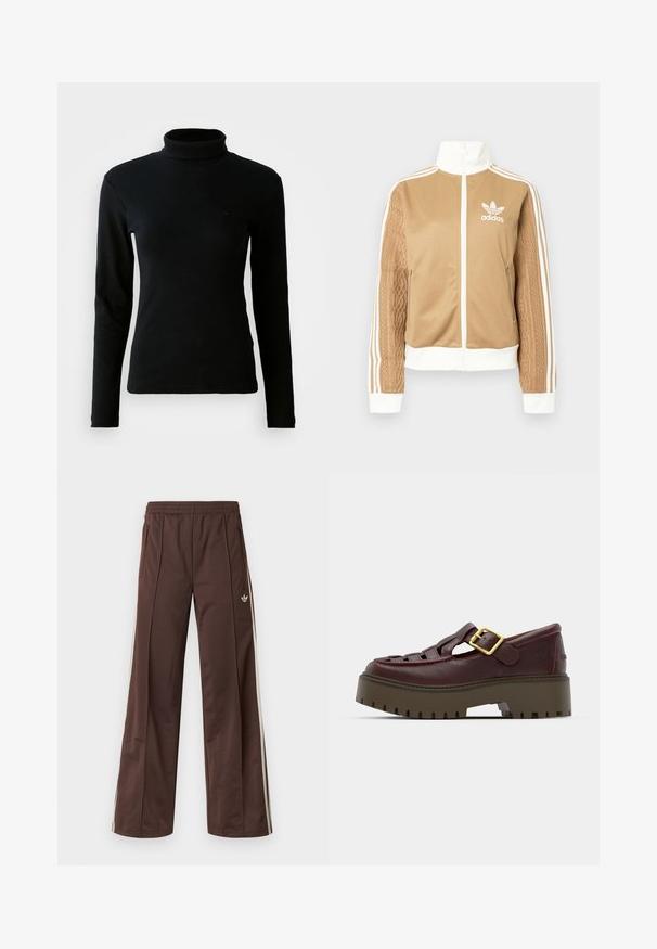 Veste zippée tan avec des accents blancs et trois rayures blanches sur les manches. Présente un design tissé texturé sur une manche. Logo Adidas sur la poitrine.; Pull en maille côtelée noir à manches longues et col roulé avec une silhouette ajustée sur un fond blanc uni.; Pantalon de sport marron à jambes larges, avec des bandes blanches sur les côtés, une taille élastique et deux poches latérales. Présente un petit logo sur la jambe.; Chaussure en cuir bordeaux présentant un design ouvert, une semelle plateforme robuste, un détail de boucle dorée et une semelle texturée pour une bonne adhérence.