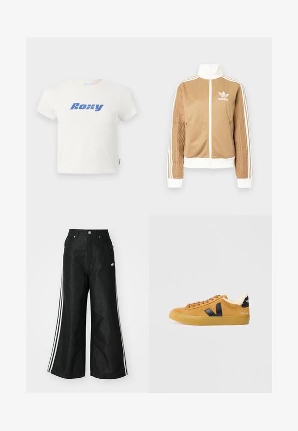 Hnedá mikina na zips s bielymi akcentmi a tromi bielymi pruhmi na rukávoch. Obsahuje textúrovaný tkaný vzor na jednom rukáve. Logo Adidas na hrudi.; Biely bavlnený tričko s okrúhlym výstrihom, s veľkým modrým logom "Roxy" potlačeným na prsia. Krátke rukávy, normálny strih.; Čierne džínsy s širokým strihom, s tromi bielymi pruhmi po stranách a malým bielym logom. Obsahujú predné vrecká a zapínanie na gombík.; Béžové sametové tenisky s čiernymi logovými akcentami, viazanie, nadýchané podšívky a gumová podrážka. Vlastnosti textúrovaného povrchu a okrúhlej špičky.