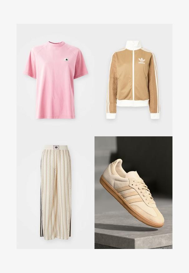 Tan zip-up jack met witte accenten en drie witte strepen op de mouwen. Heeft een gestructureerd geweven ontwerp op één mouw. Adidas-logo op de borst.; Roze katoenen t-shirt met een ronde hals en korte mouwen. Bevat een klein vierkant logo-patch op de linkerborst. Glad textuur.; Crème kleurige wijde broek met een zigzagpatroon, met een zwarte logo tailleband en zij zwarte strepen. Lichtgewicht, gestructureerde stof.; Lichtbeige suède sneaker met een gumrubberen buitenzool, drie diagonale strepen en een textuur op de neus. Voorzien van een logo op de tong en de zijkant.