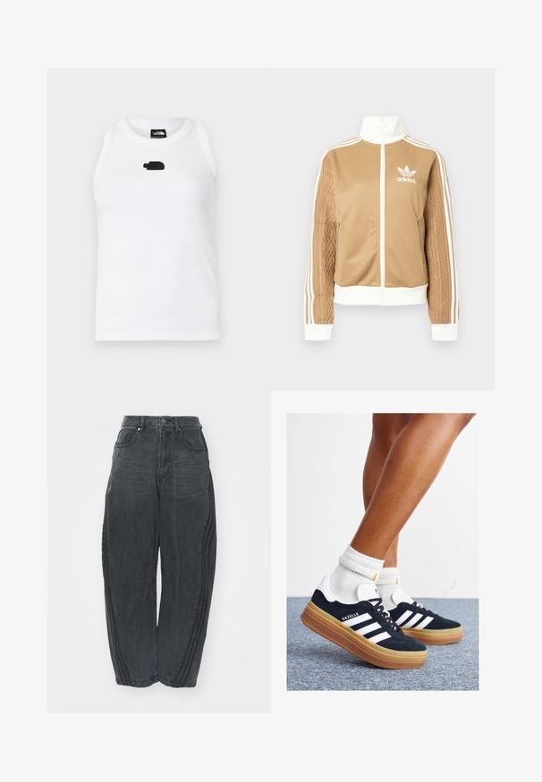 Tā tan krāsa zip-up jakas ar baltajiem akcentiem un trim baltām svītrām uz piedurknēm. Izceļas ar teksturētu aušanas dizainu uz vienas piedurknes. Adidas logo uz krūšu daļas.; Balta bez piedurknēm topiņš, izgatavots no ribota auduma, ar mazu melnu logo centrā. Kakla izgriezums ir apaļš un klasiskā dizainā.; Lielas melnas džinsu bikses ar izbalējušu apdari, piecām kabatām, vidukļa pogu aizdari un izšuvumiem priekšpusē un sānos.; Melnas zamšādas sporta kurpes ar baltām svītrām un akcentiem, apaļa purngala daļa, gumijas zole, kopā ar baltām ribotām sporta zeķēm.